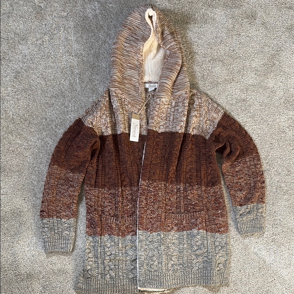 Cozy Knit Hooded Cardigan - Brown and Gray